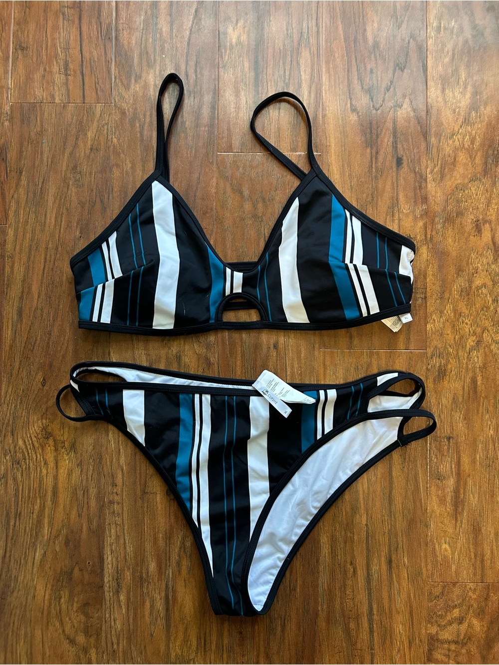 Cupshe Black, White & Teal Striped Triangle Bikini Set
